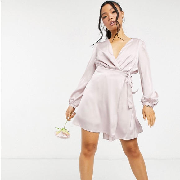 Brand New Satin Long Sleeve Front Wrap Dress- ASOS - Picture 2 of 12